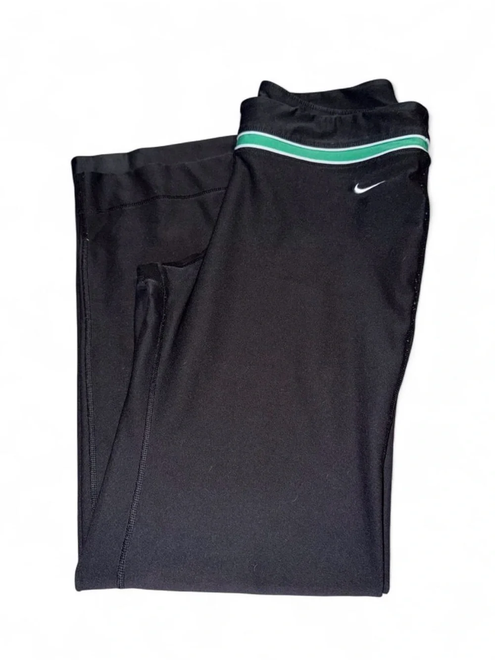 Nike Black Women's Flared Leggings wide leg with Green Waistband Stripe